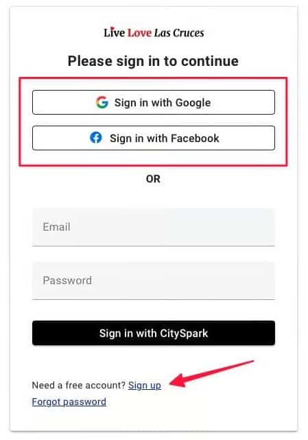 Login page for "Live Love Las Cruces" with options to sign in via Google, Facebook, or CitySpark. Includes fields for email and password, and links to sign up or reset password.