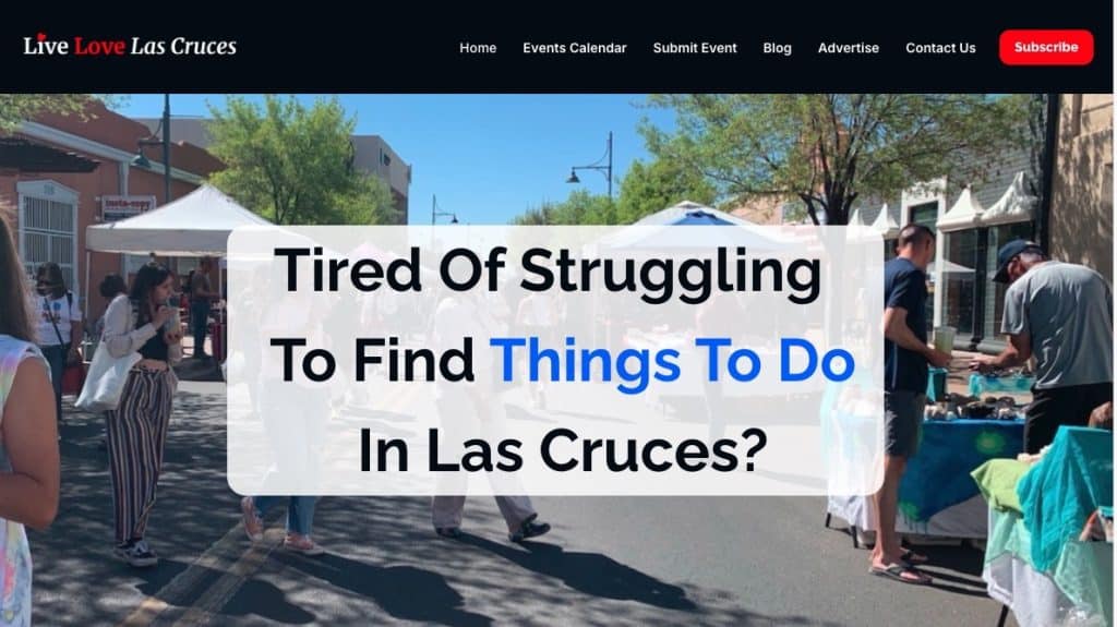 Outdoor market in Las Cruces, NM promoting local events and live music; text encourages finding things to do nearby.