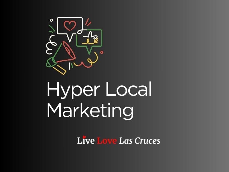 Live Love Las Cruces branding with colorful icons for local businesses on a black gradient background.