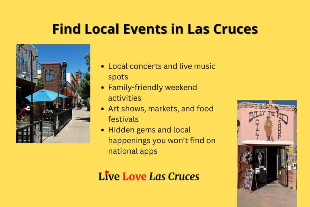 Yellow flyer showcasing local events and activities in Las Cruces, NM, inviting residents to discover the city.