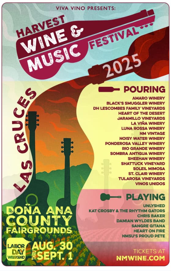 Top Events in August and September 2025 3 Poster for the 2025 Las Cruces Wine & Music Festival at Doña Ana County Fairgrounds, featuring top events with wineries pouring and bands playing—one of the best August and September events, scheduled for August 30–September 1.