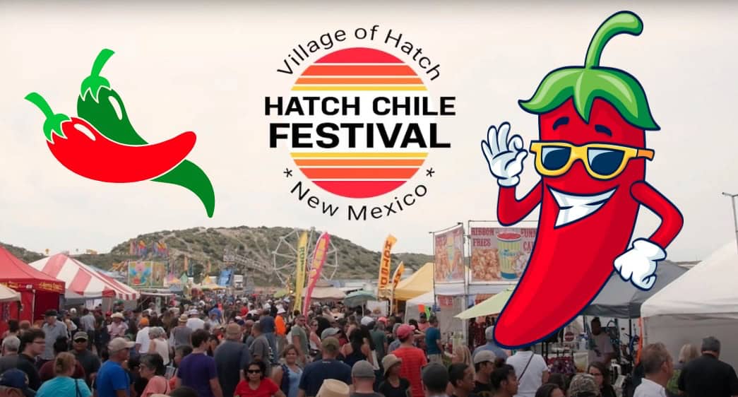 Top Events in August and September 2025 4 Large crowd attending the Hatch Chile Festival in New Mexico; cartoon chili peppers and the festival logo are overlaid on the image, highlighting one of the top events among September events in the region.