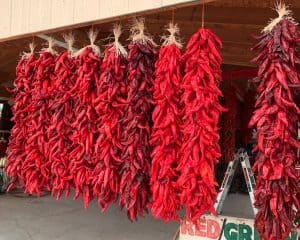 Several bunches of dried Red Chile peppers are hanging on strings under a wooden roof, with a sign reading "RED" and "GR" partially visible at the bottom—perfect for an NMSU Preserving Workshop demonstration.