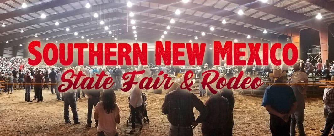 Top Events in August and September 2025 5 Indoor rodeo arena with a crowd in the stands and people standing near the arena fence; text reads "Southern New Mexico State Fair & Rodeo"—one of the Top Events in September.