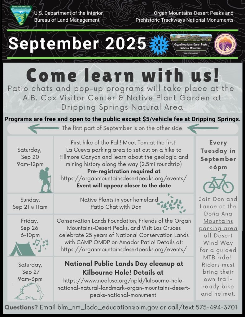 Dripping Springs free programs and BLM event flyer, Las Cruces, NM. Event details and contact info included.