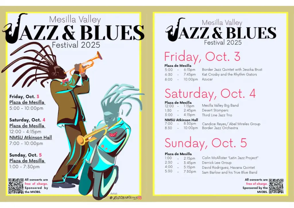 Mesilla Valley Jazz & Blues Festival poster with event schedule, promoting annual jazz celebration in Las Cruces, NM.
