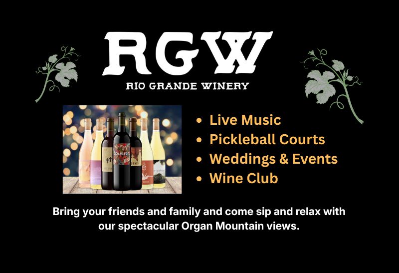 A promotional image for Rio Grande Winery lists offerings: live music, pickleball courts, weddings & events, and wine club, with wine bottles pictured and mountain views mentioned.