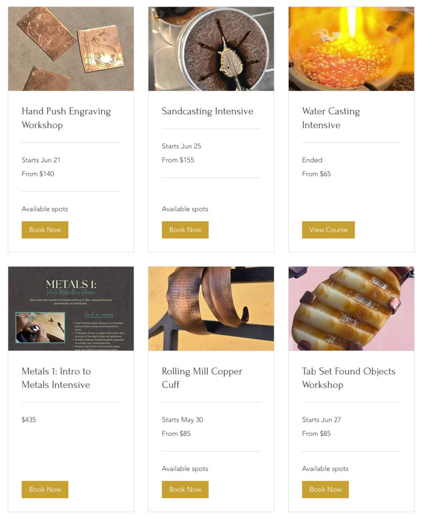 Discover the Spark of Creativity at Meta'l Jewelry Studio in Las Cruces 2 Meta'l Jewelry Studio workshop listings with images and "Book Now" buttons, Las Cruces, NM. Discover new jewelry skills.